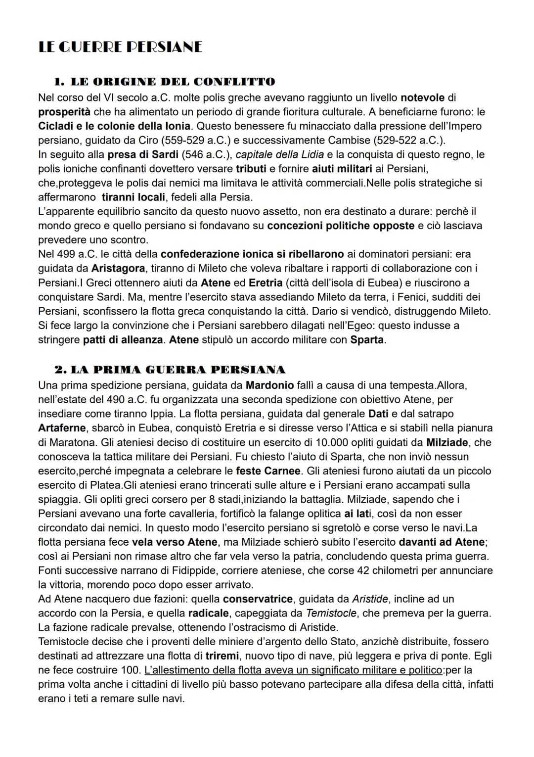 LE GUERRE PERSIANE
1. LE ORIGINE DEL CONFLITTO
Nel corso del VI secolo a.C. molte polis greche avevano raggiunto un livello notevole di
pros