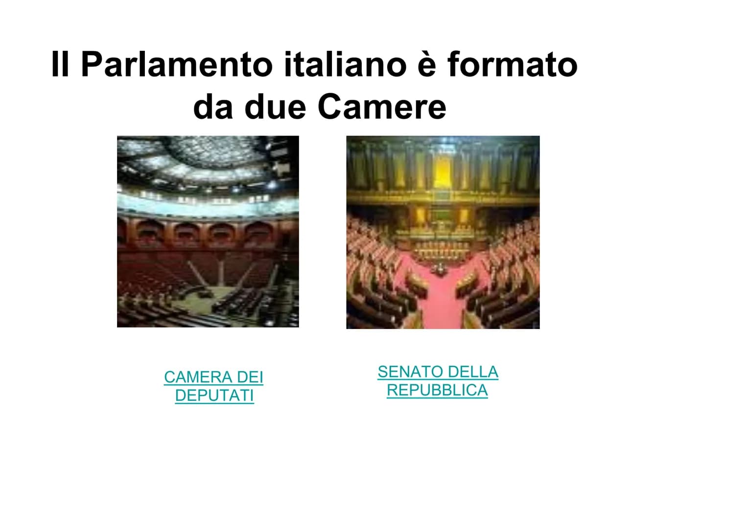 PARLAMENTO
DA PAG. 162 A PAG. 166 DEL LIBRO Il Parlamento italiano è formato
da due Camere
CAMERA DEI
DEPUTATI
SENATO DELLA
REPUBBLICA Strut
