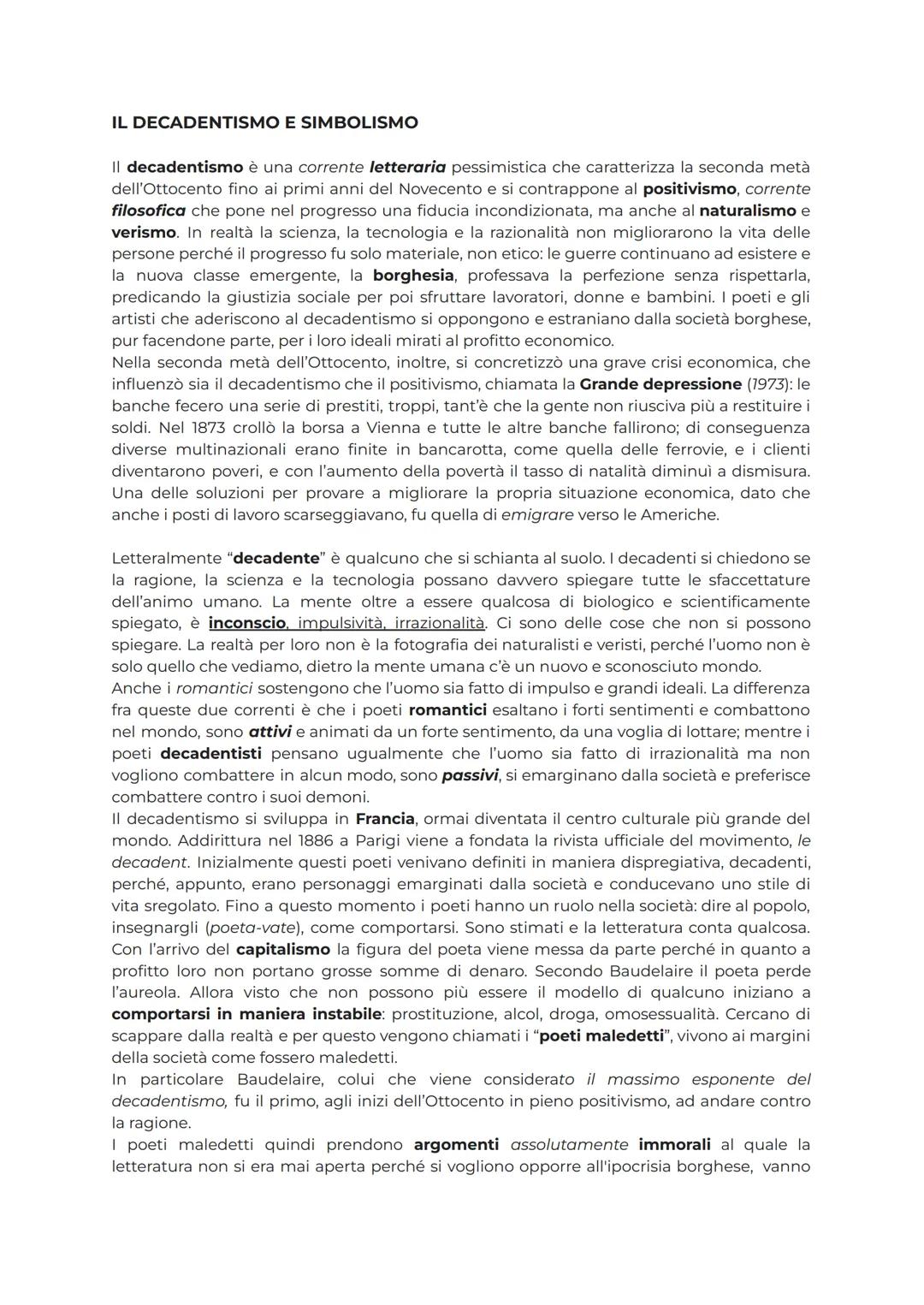 IL DECADENTISMO E SIMBOLISMO
|| decadentismo è una corrente letteraria pessimistica che caratterizza la seconda metà
dell'Ottocento fino ai 
