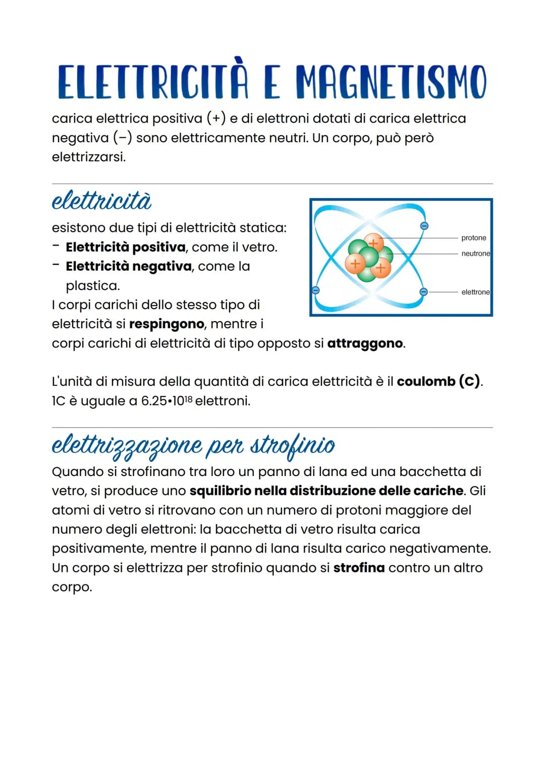 ELETTRICITÀ E MAGNETISMO
carica elettrica positiva (+) e di elettroni dotati di carica elettrica
negativa (-) sono elettricamente neutri. Un