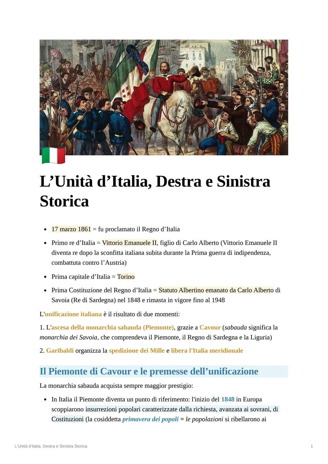 L'Unità d'Italia, Destra e Sinistra
Storica
ti
• 17 marzo 1861 = fu proclamato il Regno d'Italia
• Primo re d'Italia = Vittorio Emanuele II,
