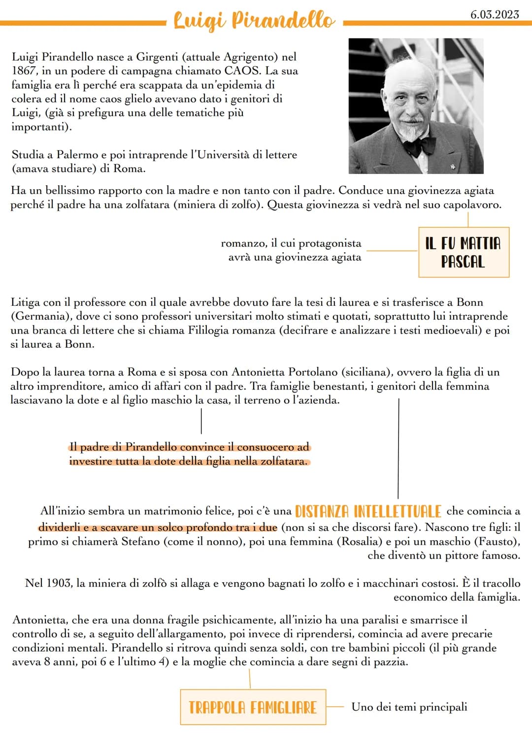 Luigi Pirandello
Luigi Pirandello nasce a Girgenti (attuale Agrigento) nel
1867, in un podere di campagna chiamato CAOS. La sua
famiglia era