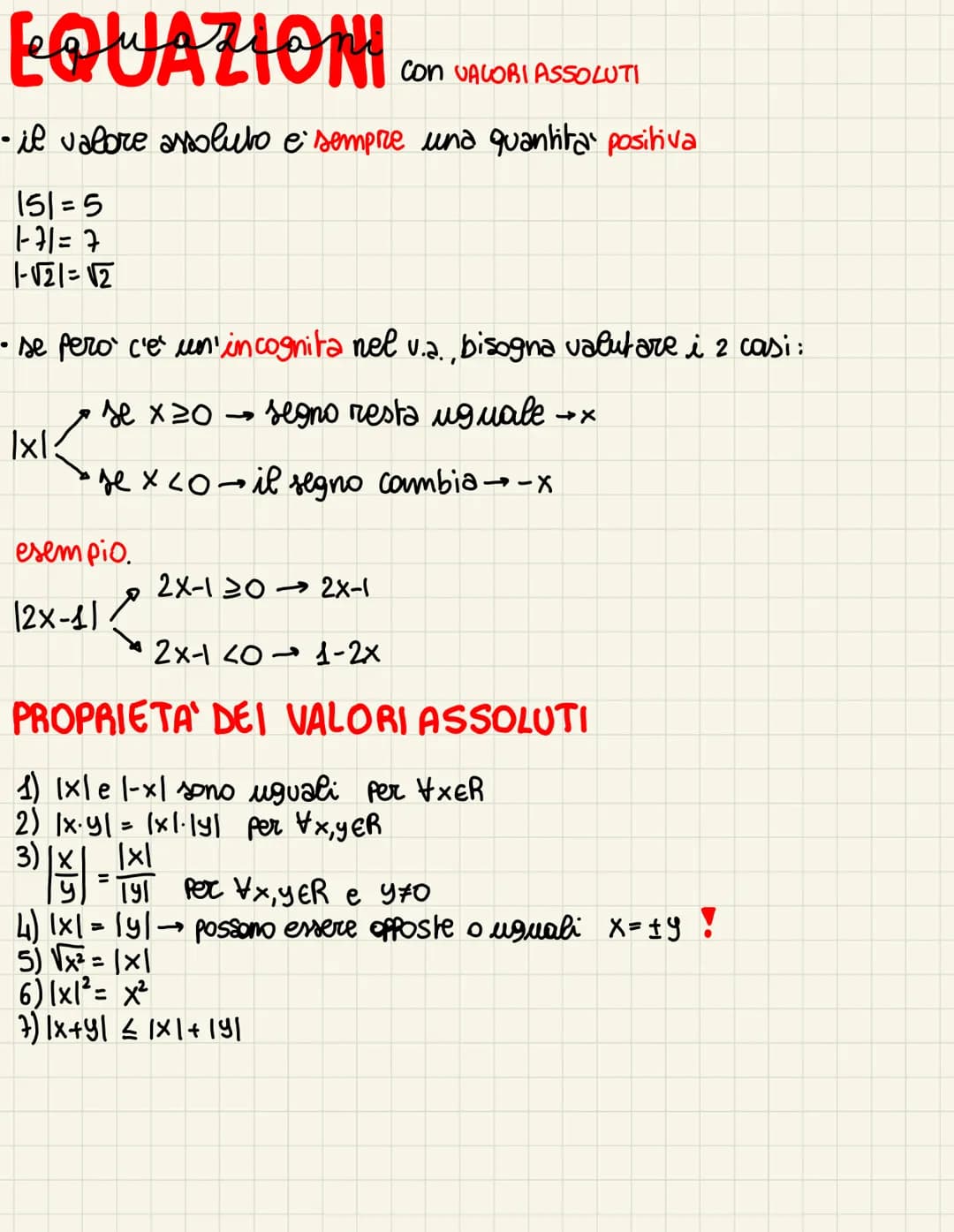EQUAZIONI COM USLOMIRASSOLUTI
Con
• il valore assoluto e sempre una quantita positiva
151=5
1-71=7
1-√√21= √2
●
se pero c'e' un'incognita ne