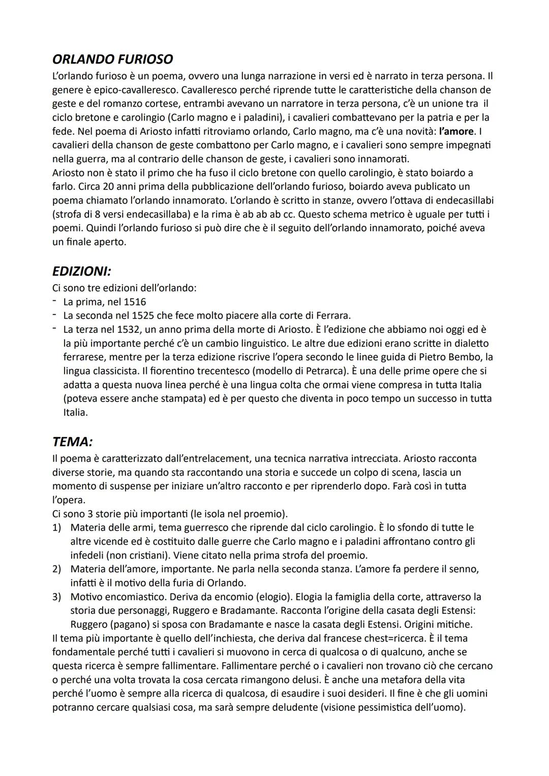 ORLANDO FURIOSO
L'orlando furioso è un poema, ovvero una lunga narrazione in versi ed è narrato in terza persona. Il
genere è epico-cavaller