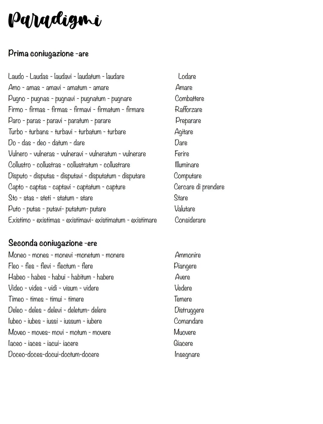 Paradigmi
Prima coniugazione -are
Laudo - Laudas - laudavi - laudatum - laudare
Amo amas amavi - amatum - amare
Pugno - pugnas - pugnavi - p