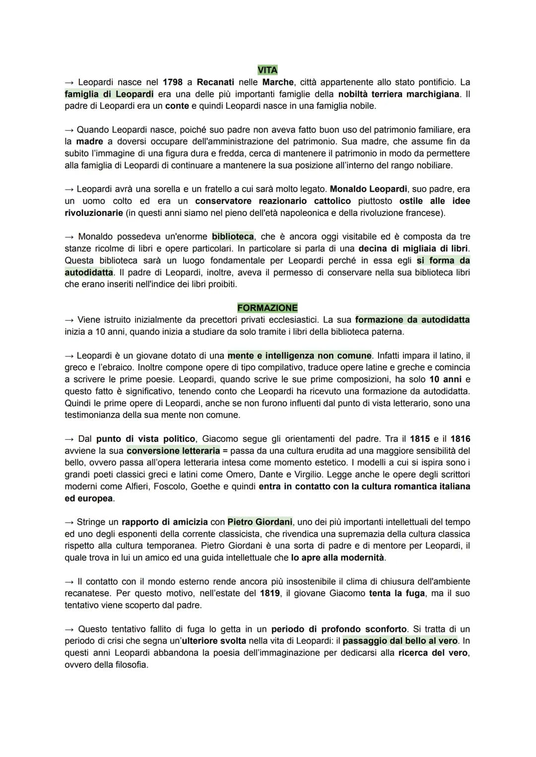 VITA
Leopardi nasce nel 1798 a Recanati nelle Marche, città appartenente allo stato pontificio. La
famiglia di Leopardi era una delle più im