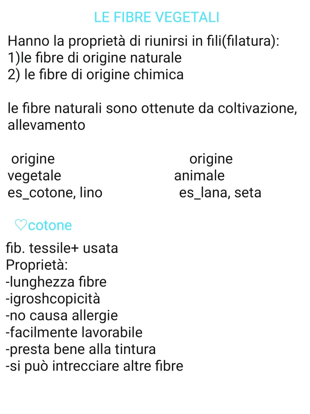LE FIBRE VEGETALI
Hanno la proprietà di riunirsi in fili(filatura):
1)le fibre di origine naturale
2) le fibre di origine chimica
le fibre n