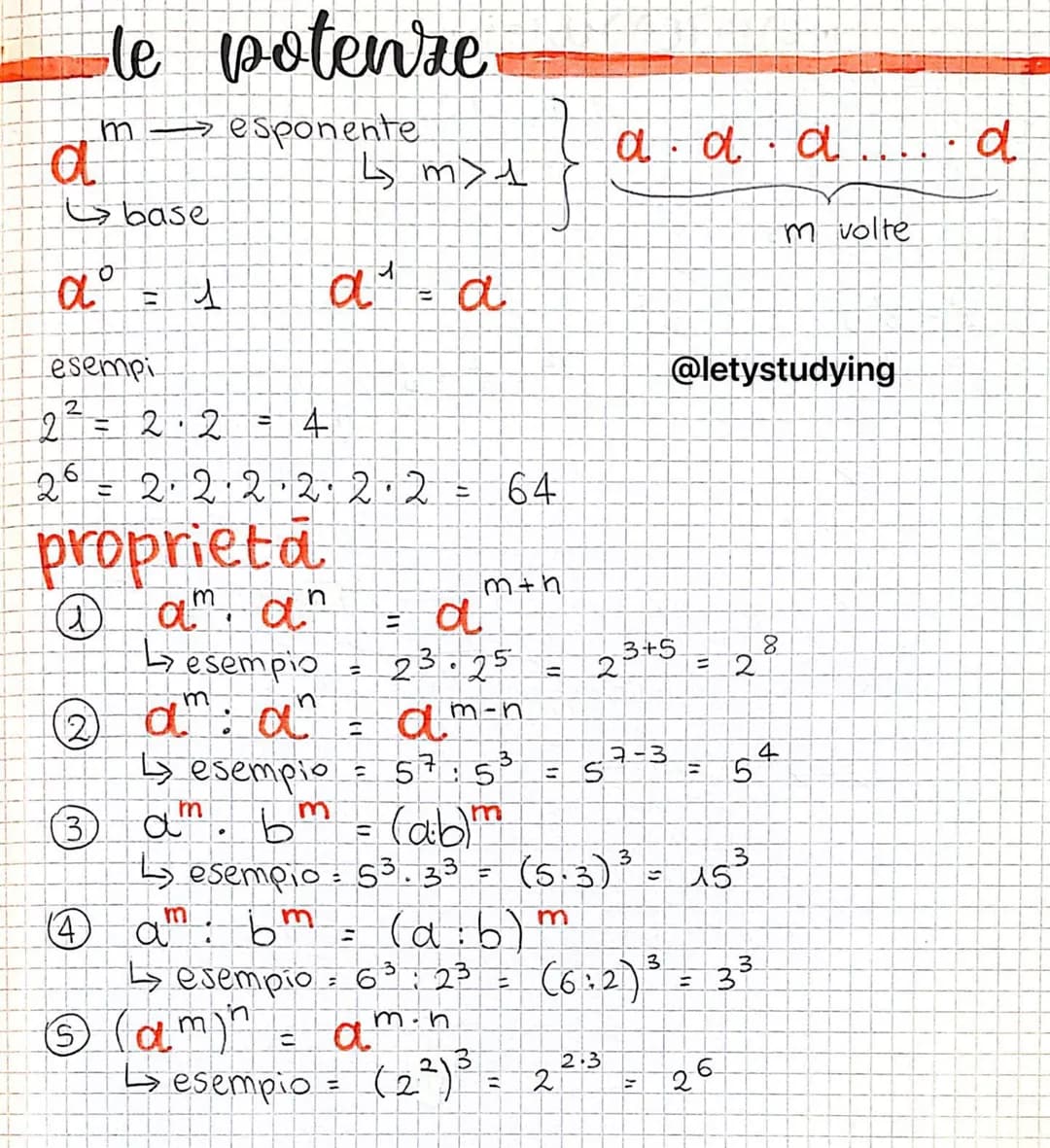 m
a
le potenze
S2
α = s
base
esempi
4
Ⓒ
esponente
proprieta
@ am an
↳ esempio
2 = 2·2= 4
26=2·2·2·2·2·2= 64
m
4 m > 1
a²₁ a
23.25
I
am-n
57: