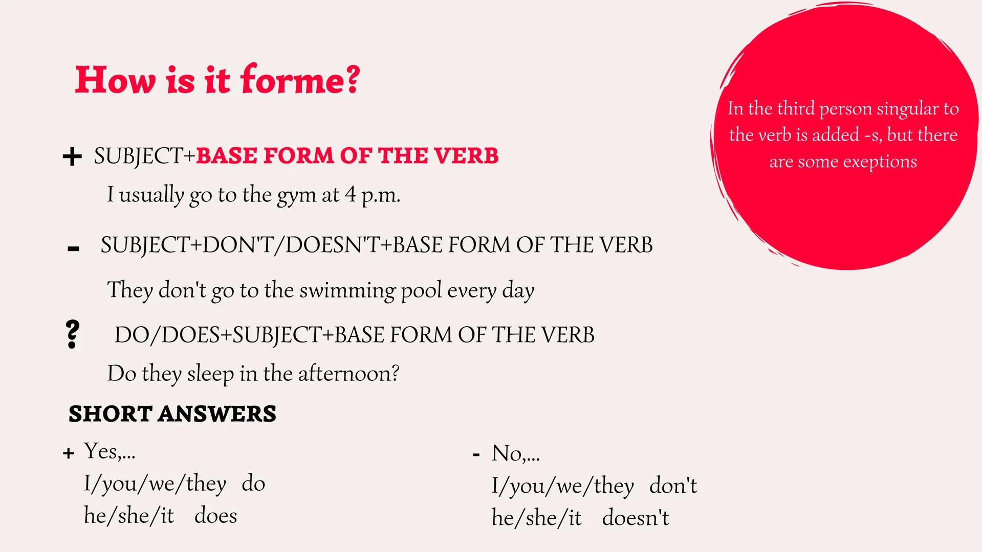 # PRESENT SIMPLE

AND

PRESENT CONTINUOUS Present simple We use **PRESENT SIMPLE** to talk about:

- **Routines and habits**
I strart the sc