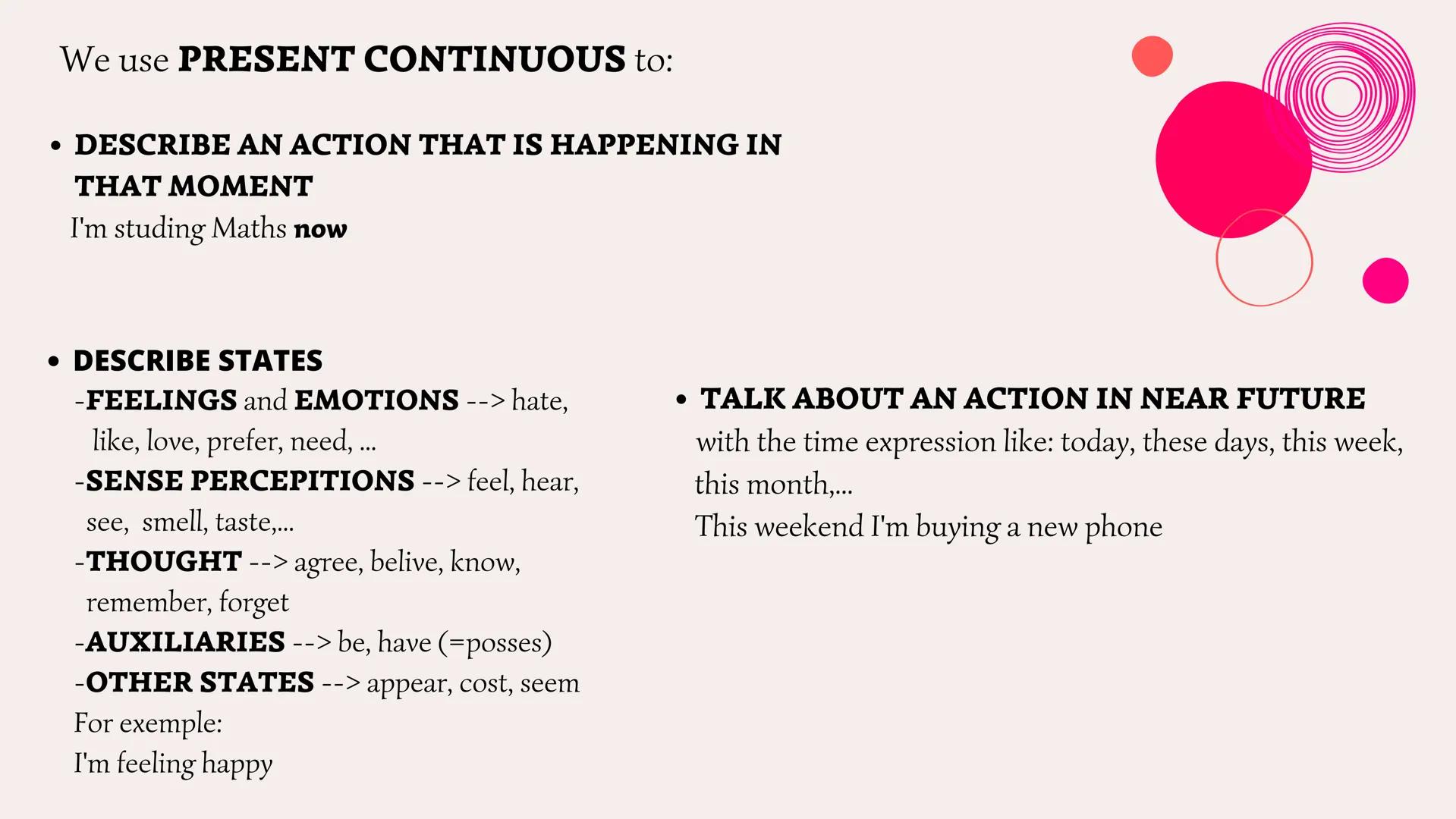 # PRESENT SIMPLE

AND

PRESENT CONTINUOUS Present simple We use **PRESENT SIMPLE** to talk about:

- **Routines and habits**
I strart the sc