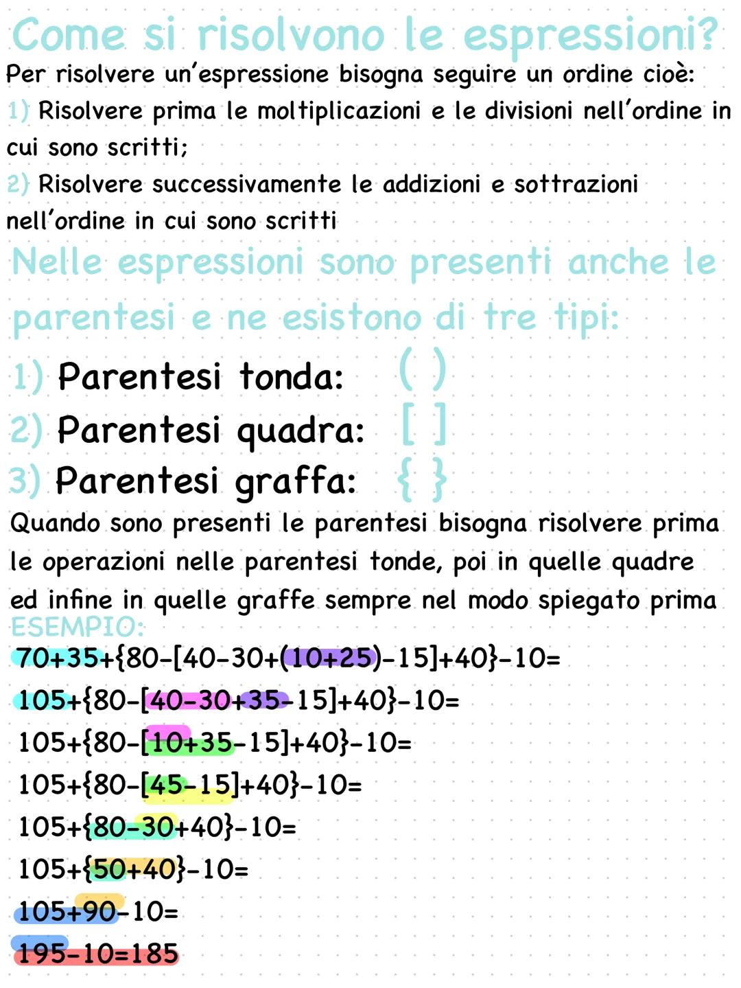 Come si risolvono le espressioni?
Per risolvere un'espressione bisogna seguire un ordine cioè:
1) Risolvere prima le moltiplicazioni e le di