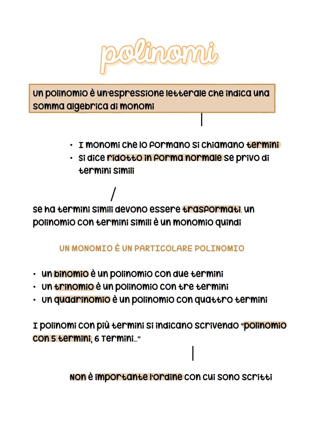 polinomi
un polinomio è un'espressione letterale che indica una
somma algebrica di monomi
I monomi che lo formano si chiamano termini
• Si d