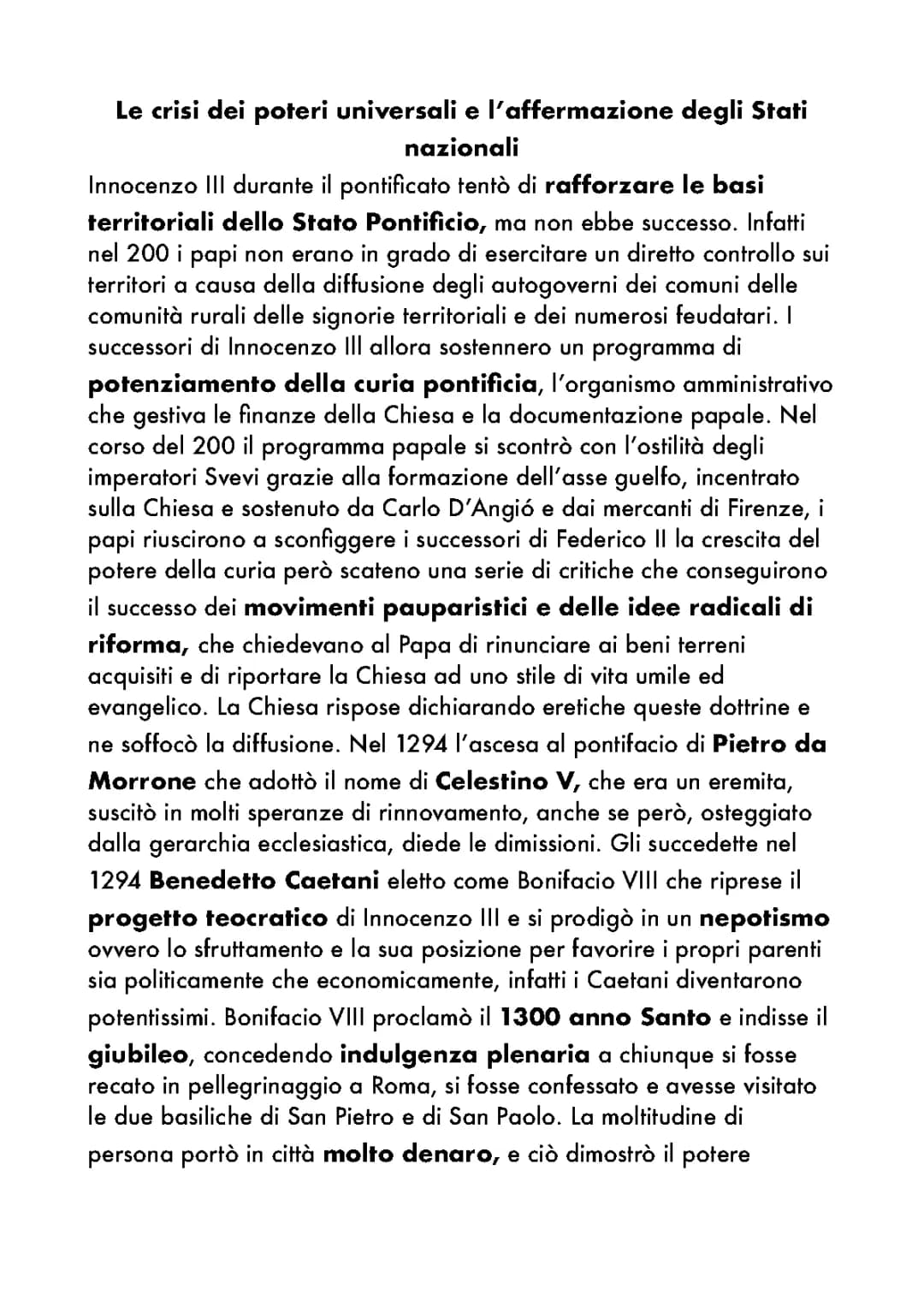 La crisi dei poteri universali e la nascita degli stati nazionali: mappa concettuale e riassunto PDF