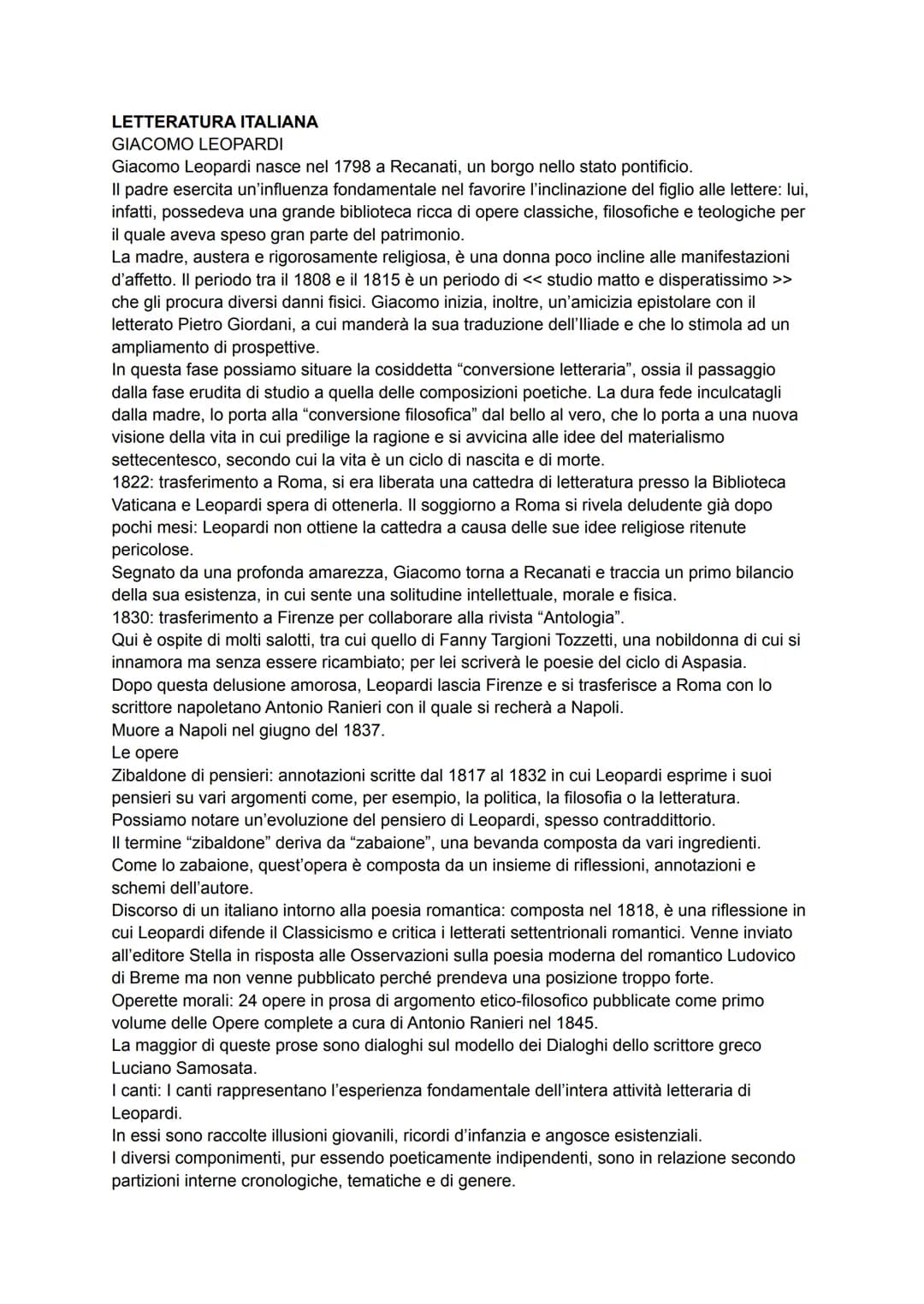 LETTERATURA ITALIANA
GIACOMO LEOPARDI
Giacomo Leopardi nasce nel 1798 a Recanati, un borgo nello stato pontificio.
Il padre esercita un'infl