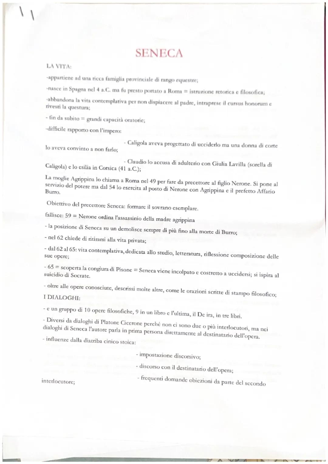 SENECA

LA VITA:

-appartiene ad una ricca famiglia provinciale di rango equestre;

-nasce in Spagna nel 4 a.C. ma fu presto portato a Roma 