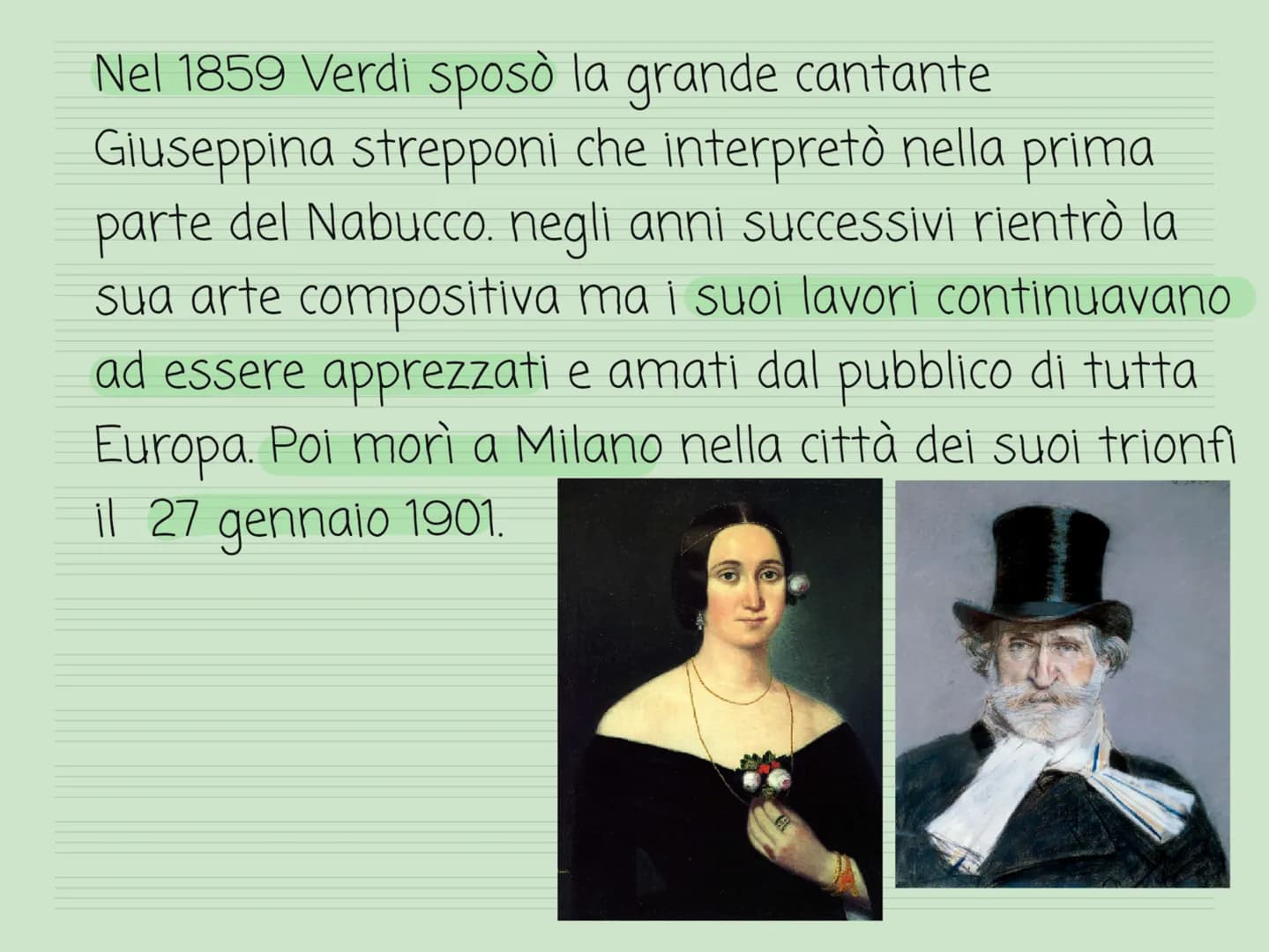 GIUSEPPE VERDI
H GIUSPPE VERDI
VITA:
Giuseppe Verdi nasce a Busseto in provincia di
Parma nel 1813 da una famiglia modesta, i suoi
studi mus