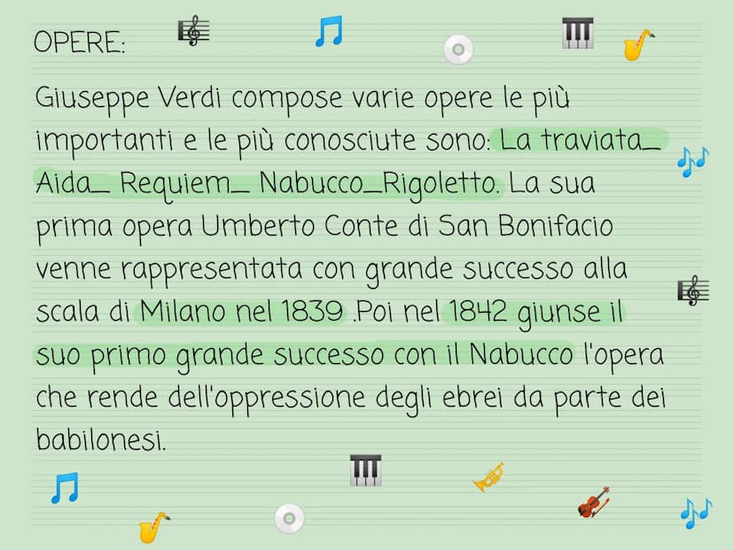 GIUSEPPE VERDI
H GIUSPPE VERDI
VITA:
Giuseppe Verdi nasce a Busseto in provincia di
Parma nel 1813 da una famiglia modesta, i suoi
studi mus