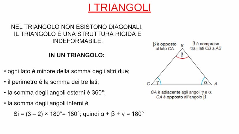 I TRIANGOLI
Un TRIANGOLO è un poligono
con TRE LATI (AB, CB, CA)
e
TRE ANGOLI INTERNI (a, ß, y).
Bè opposto
al lato CA
B
В
Bè compreso
tra i