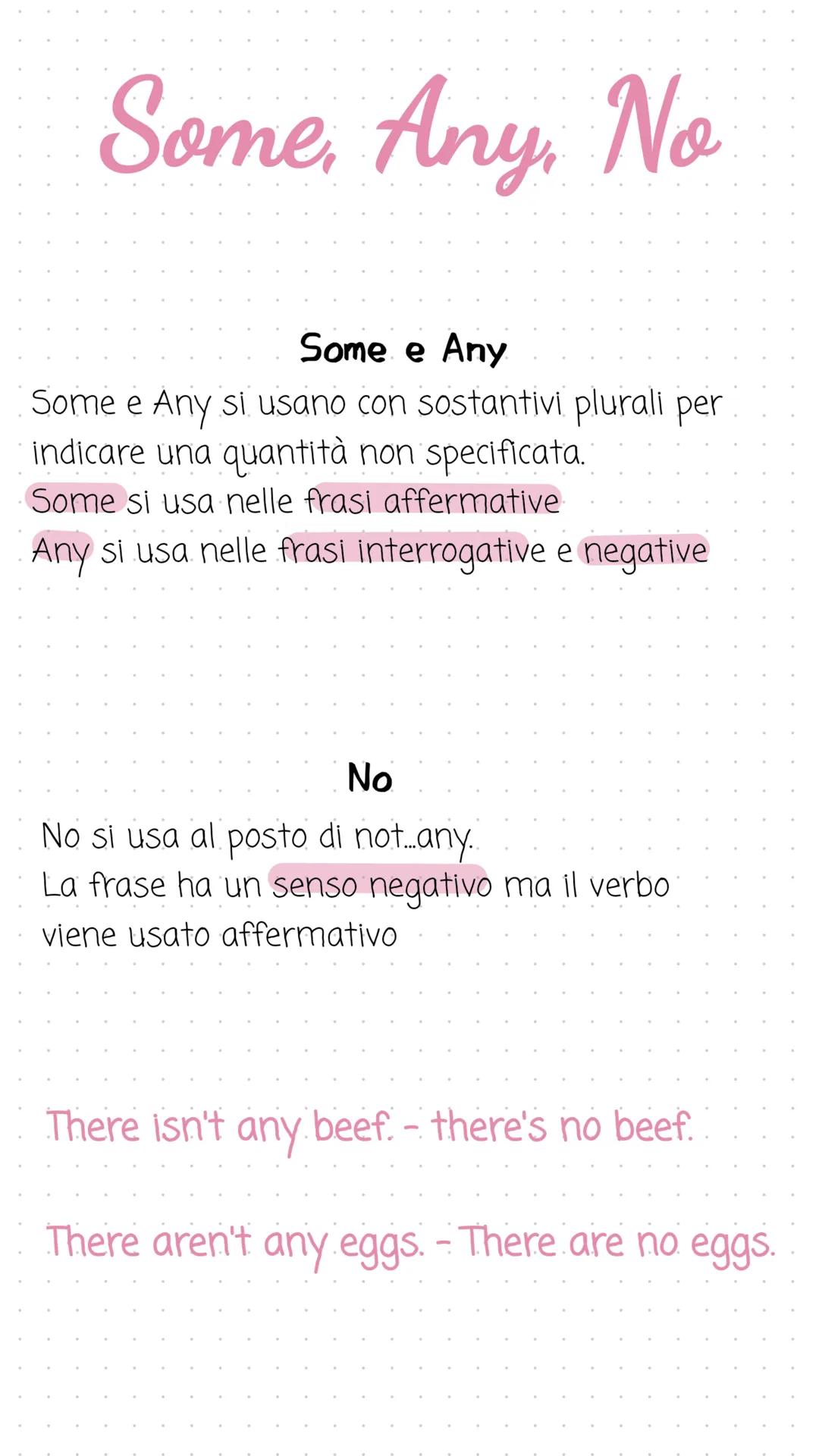 Some Any No
Some e Any
Some e Any si usano con sostantivi plurali per
indicare una quantità non specificata.
Some si usa nelle frasi afferma