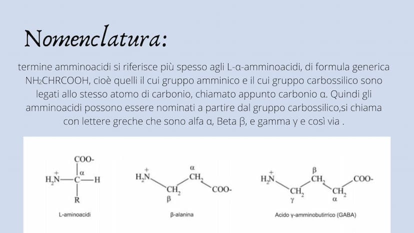 PRESENTAZIONE DI MESSINE O REBECCA
Amminoacidi e Proteine
T Indice:
• Amminoacidi
• Struttura
• Funzione
• Classificazione
Sintesi
• Nomencl