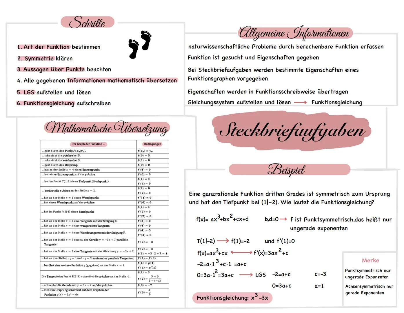 # Schritte

1. Art der Funktion bestimmen

2. Symmetrie klären

3. Aussagen über Punkte beachten

"
4. Alle gegebenen Informationen mathemat