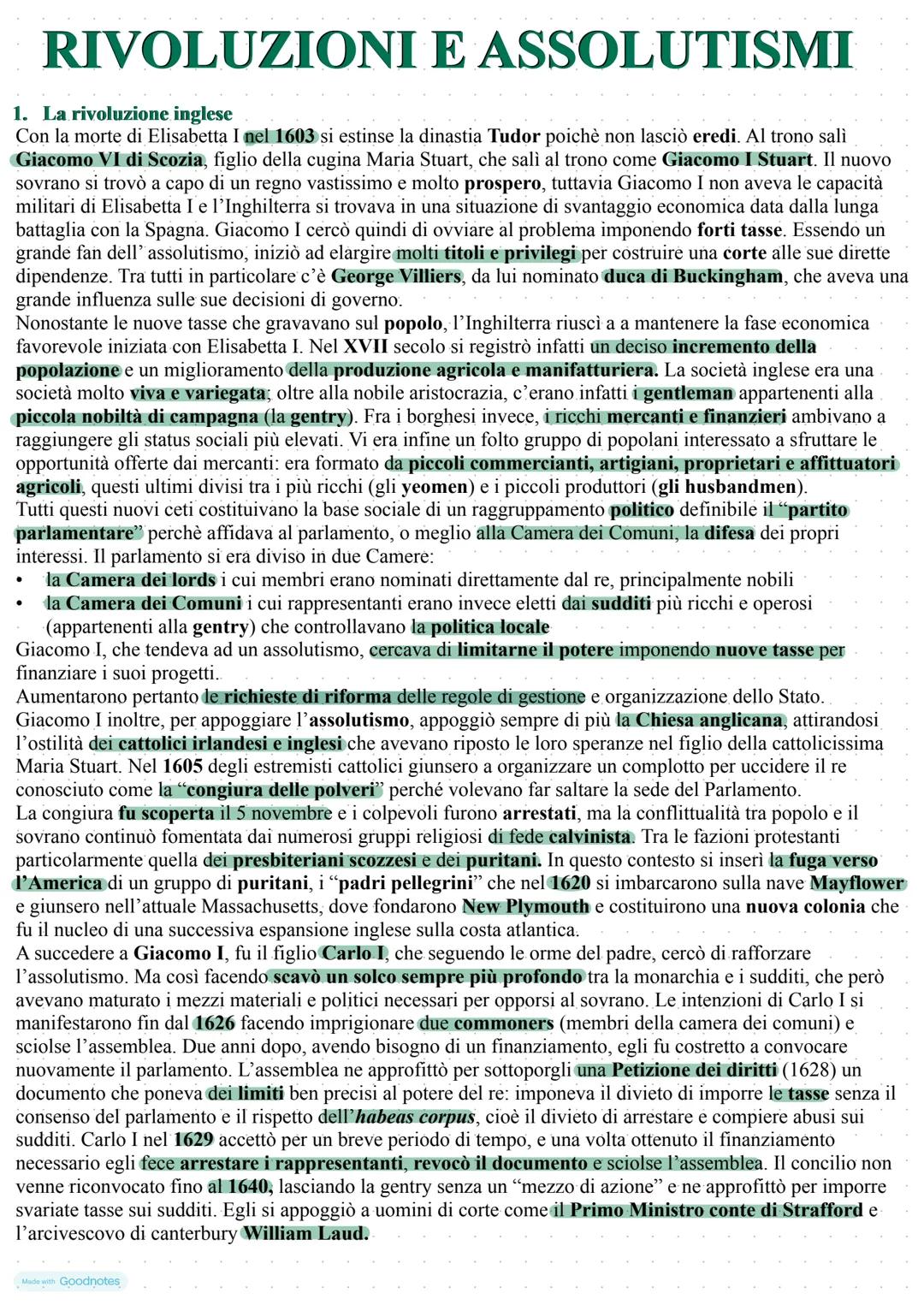 RIVOLUZIONI E ASSOLUTISMI
1. La rivoluzione inglese
Con la morte di Elisabetta I nel 1603 si estinse la dinastia Tudor poichè non lasciò ere