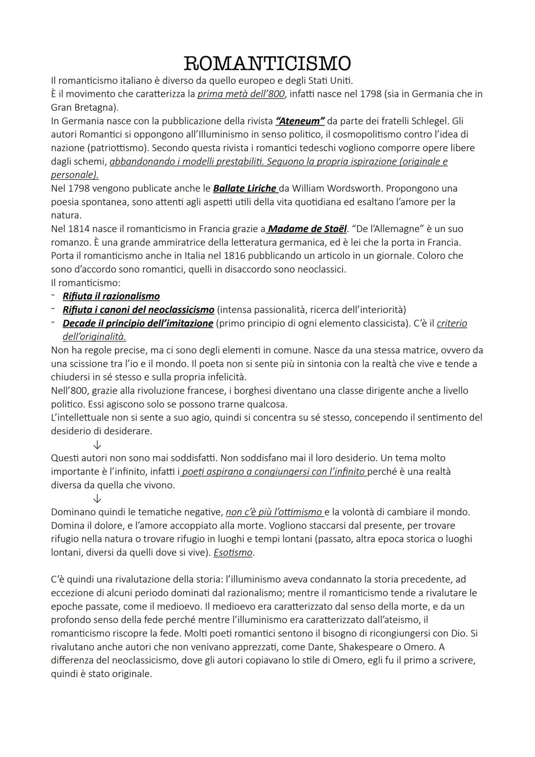 ROMANTICISMO
Il romanticismo italiano è diverso da quello europeo e degli Stati Uniti.
È il movimento che caratterizza la prima metà dell'80