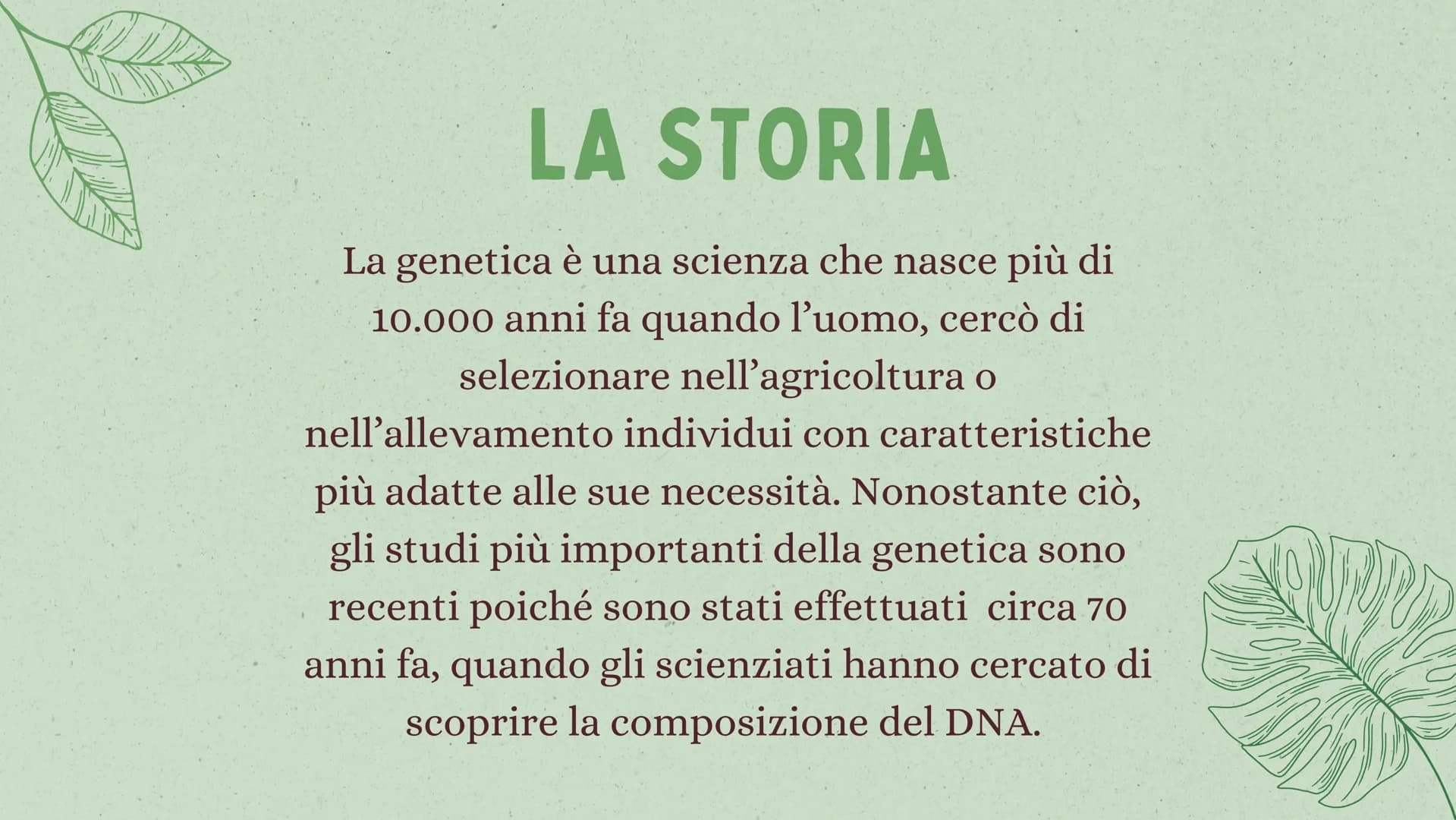 LA GENETICA INDICE
01
02
03
04
05
INTRODUZIONE
MENDEL & LE 3 LEGGI
IL DNA
LE MALATTIE GENETICHE
CURIOSITÀ 01
INTRODUZIONE
ALLA GENETICA COS'
