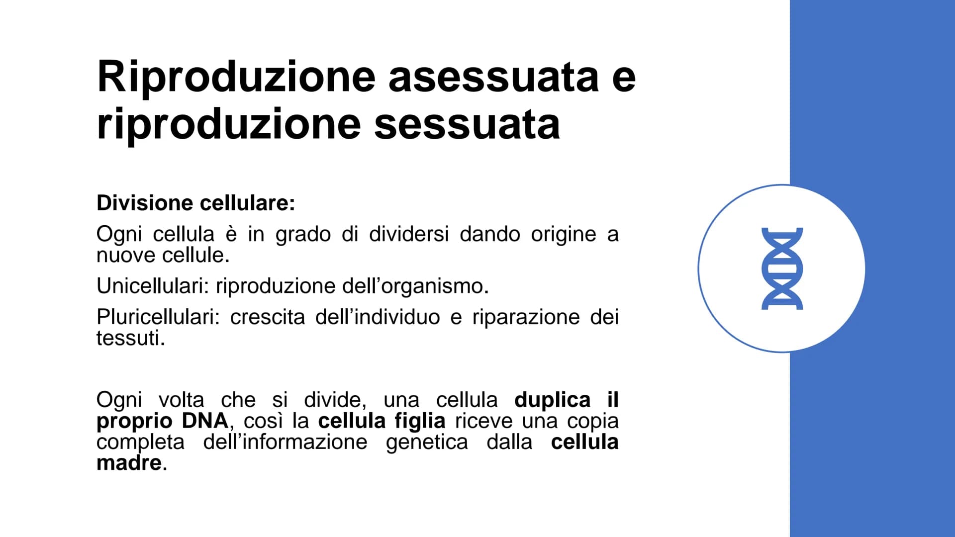 22
00
La riproduzione
cellulare Riproduzione asessuata e
riproduzione sessuata
Divisione cellulare:
Ogni cellula è in grado di dividersi dan