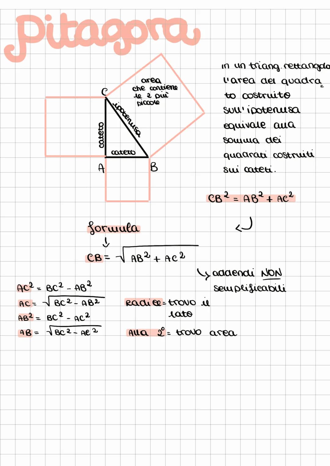 Pitagora
area
che contiene
le 2 più
piccole
cateto
A
AC
AC²= BC² - AB²
AC = √√√ BC² - AB2
AB²= BC²-AC²
AB=
√BC²-
formula
↓
CB=
ipotenusa
2
c
