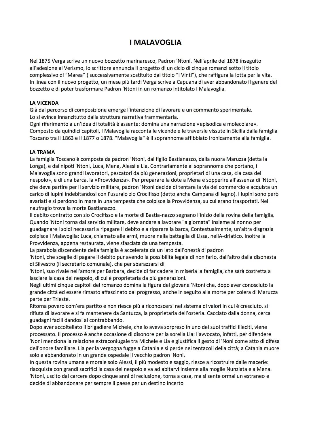 I MALAVOGLIA
Nel 1875 Verga scrive un nuovo bozzetto marinaresco, Padron 'Ntoni. Nell'aprile del 1878 inseguito
all'adesione al Verismo, lo 