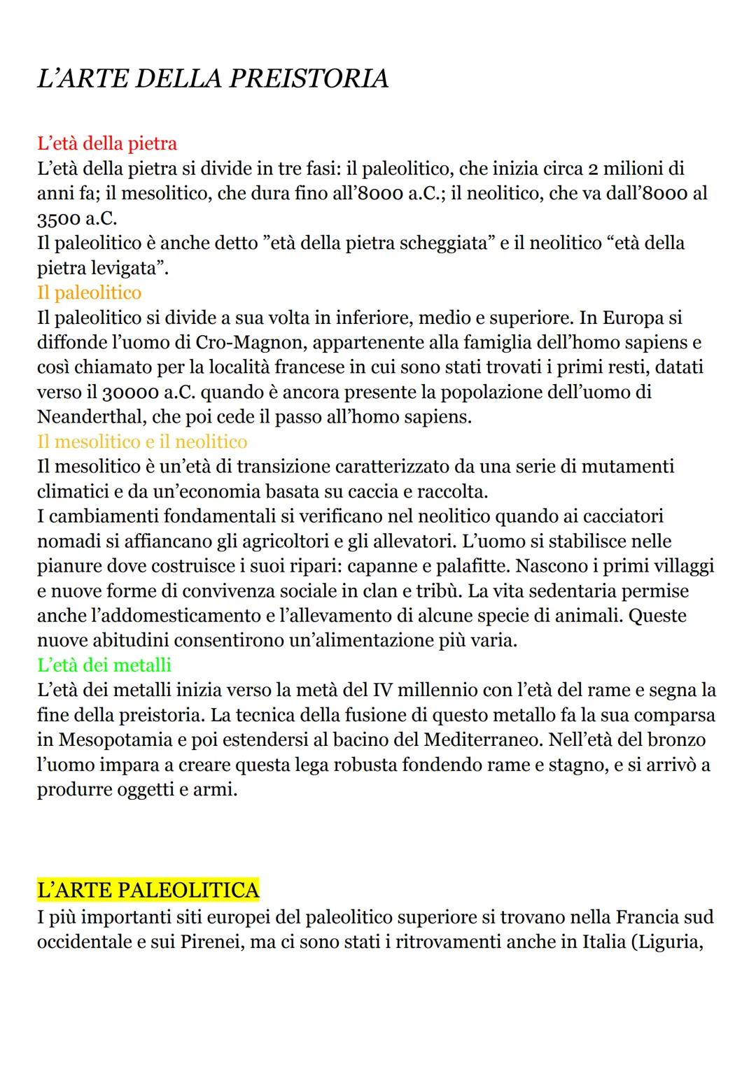 L'ARTE DELLA PREISTORIA
L'età della pietra
L'età della pietra si divide in tre fasi: il paleolitico, che inizia circa 2 milioni di
anni fa; 