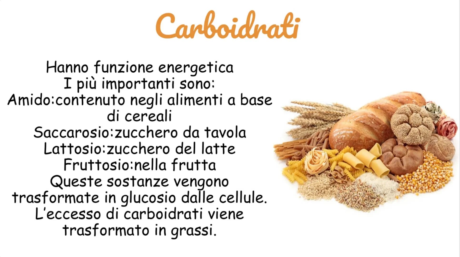 Carboidrati
Hanno funzione energetica
I più importanti sono:
Amido:contenuto negli alimenti a base
di cereali
Saccarosio: zucchero da tavola