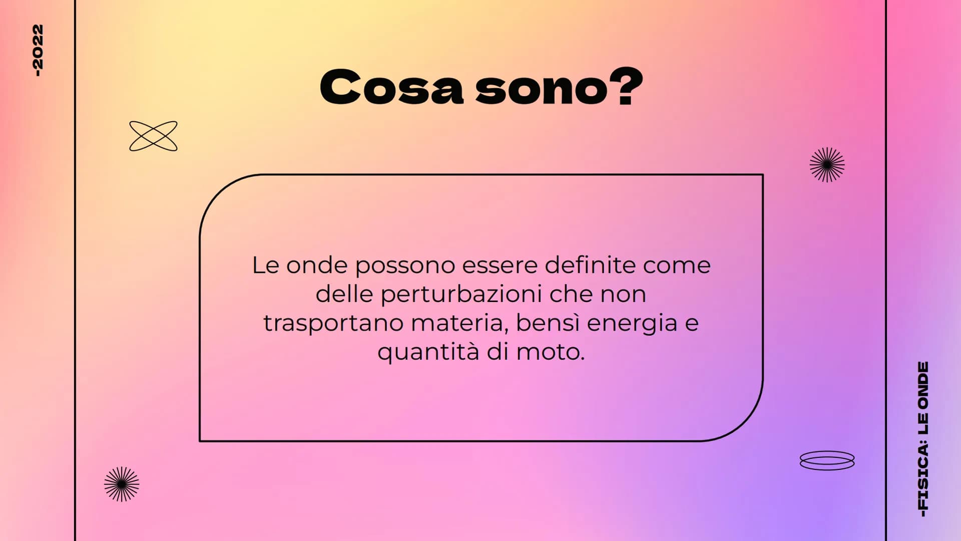 -2022
LE ONDE
Cosa sono - Tipologie - Il suono
@hellokithv
//
-FISICA: LE ONDE -2022
Cosa sono?
Le onde possono essere definite come
delle p