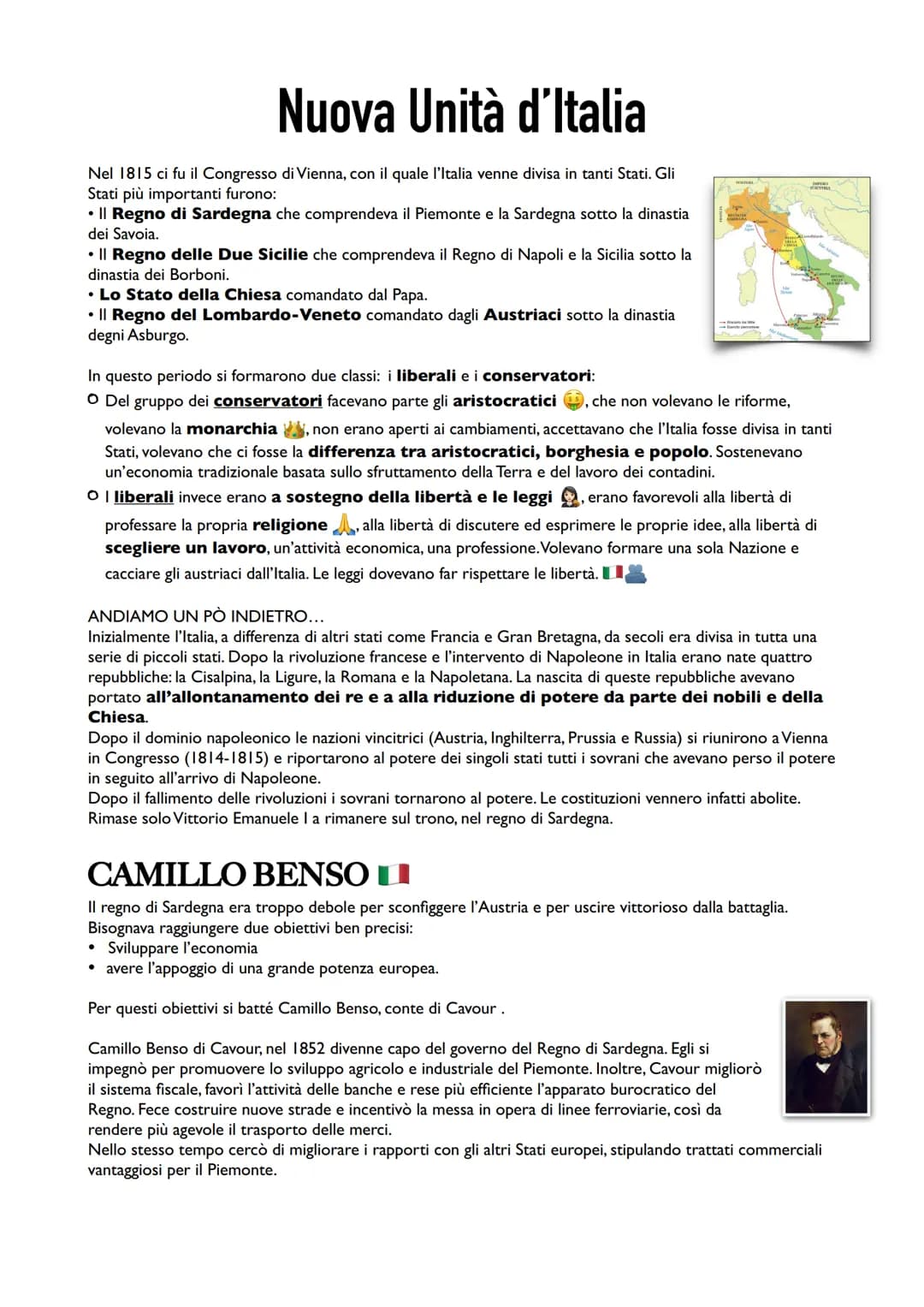 Nuova Unità d'Italia
Nel 1815 ci fu il Congresso di Vienna, con il quale l'Italia venne divisa in tanti Stati. Gli
Stati più importanti furo