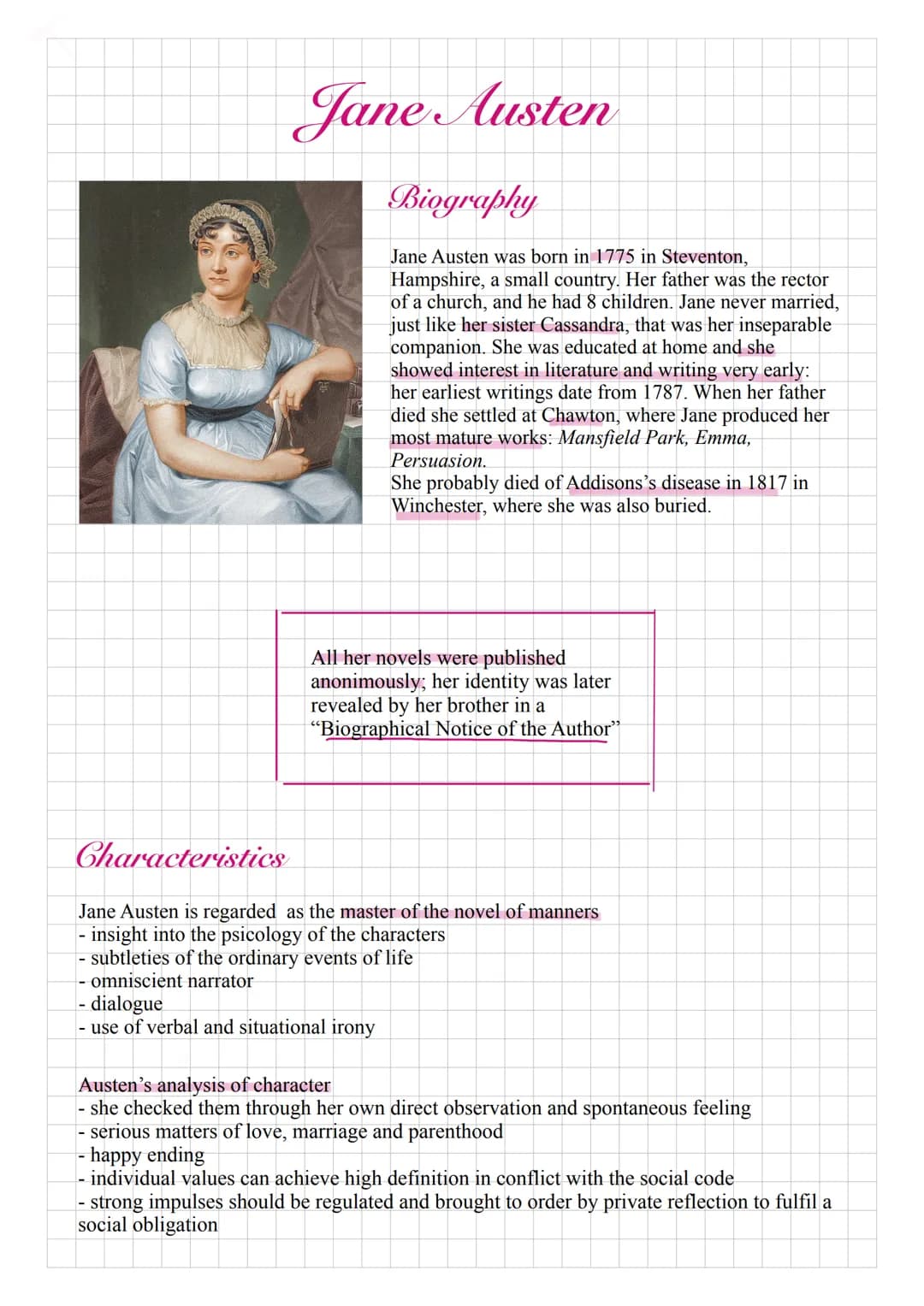 Jane Austen
Biography
Jane Austen was born in 1775 in Steventon,
Hampshire, a small country. Her father was the rector
of a church, and he h