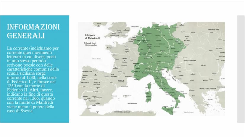 LA SCUOLA
SICILIANA INFORMAZIONI
GENERALI
La corrente (indichiamo per
corrente quei movimenti
letterari in cui diversi poeti
in uno stesso p