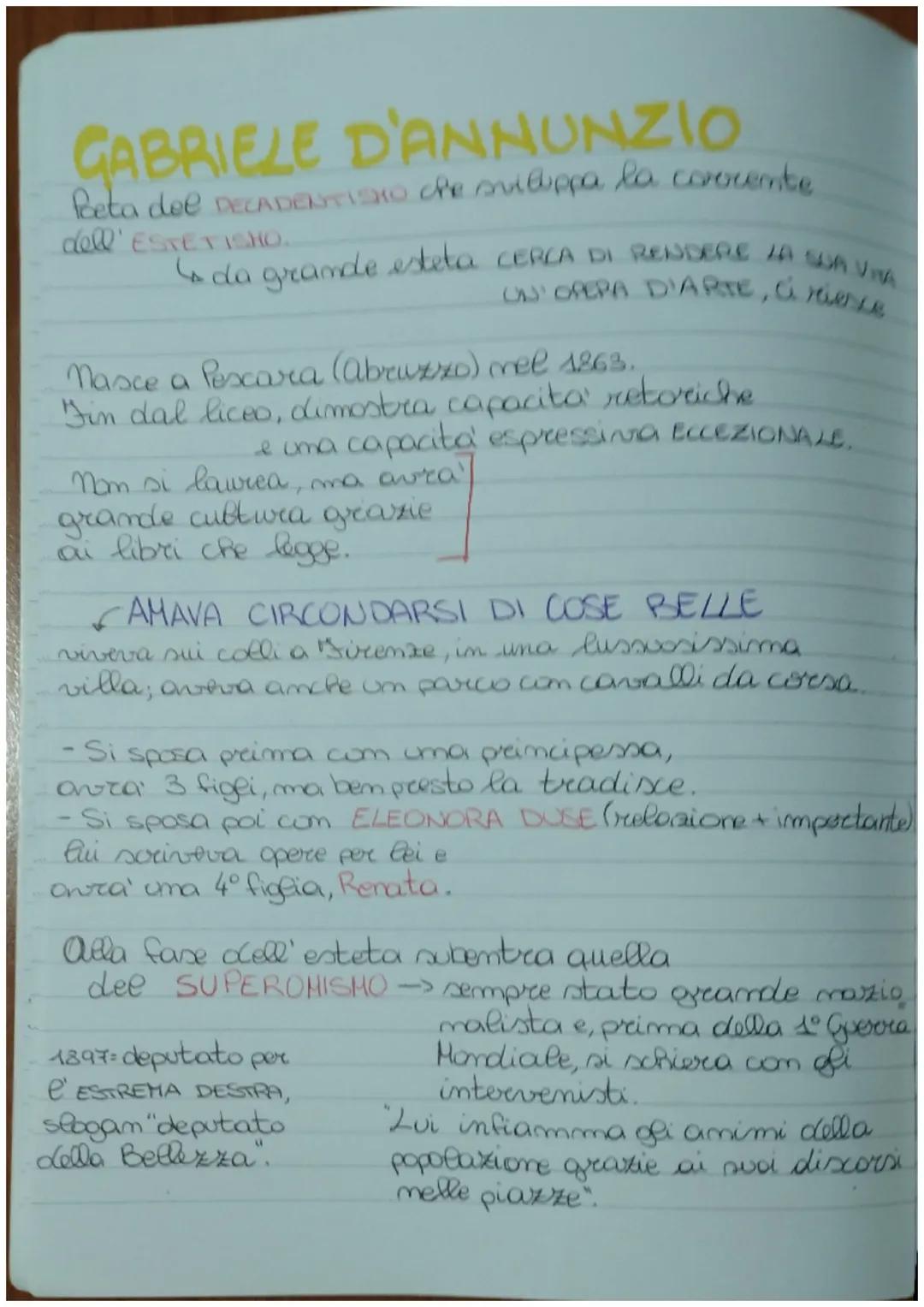 # GABRIELE D'ANNUNZIO

Poeta dee DECADENTISIO che sviluppa la corocente
dell' ESTETISHO.

Lada orande esteta CERCA DI RENDERE LA SUA VISA
UN