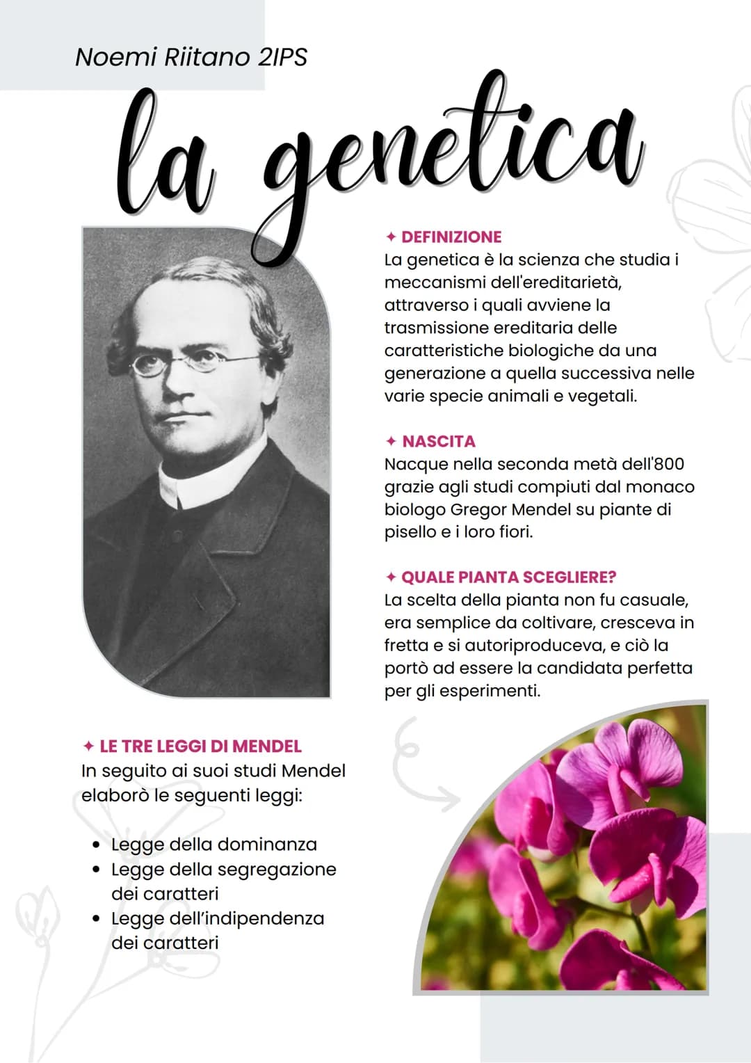 Noemi Riitano 21PS
la genetica
→ DEFINIZIONE
LE TRE LEGGI DI MENDEL
In seguito ai suoi studi Mendel
elaborò le seguenti leggi:
• Legge della