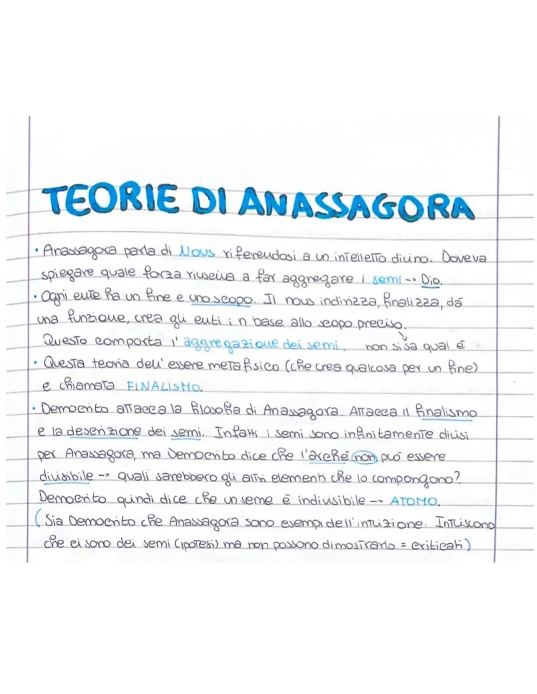 TEORIE DI ANASSAGORA
•Anassagora parla di Nous riferendosi a un intelletto divino. Doveva
spiegare quale forza riusciva a far aggregare i se