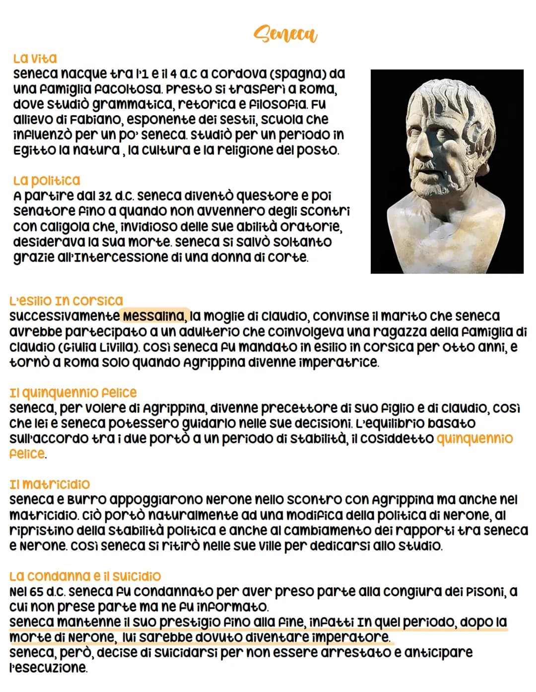 Seneca
La Vita
seneca nacque tra l'1 e il 4 a.c a cordova (spagna) da
una famiglia facoltosa. Presto si trasferì a Roma,
dove studiò grammat