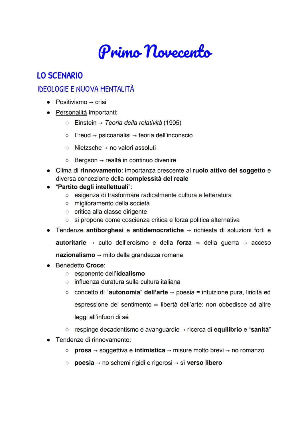 Primo Novecento
LO SCENARIO
IDEOLOGIE E NUOVA MENTALITÀ
Positivismo → crisi
● Personalità importanti:
O Einstein → Teoria della relatività (