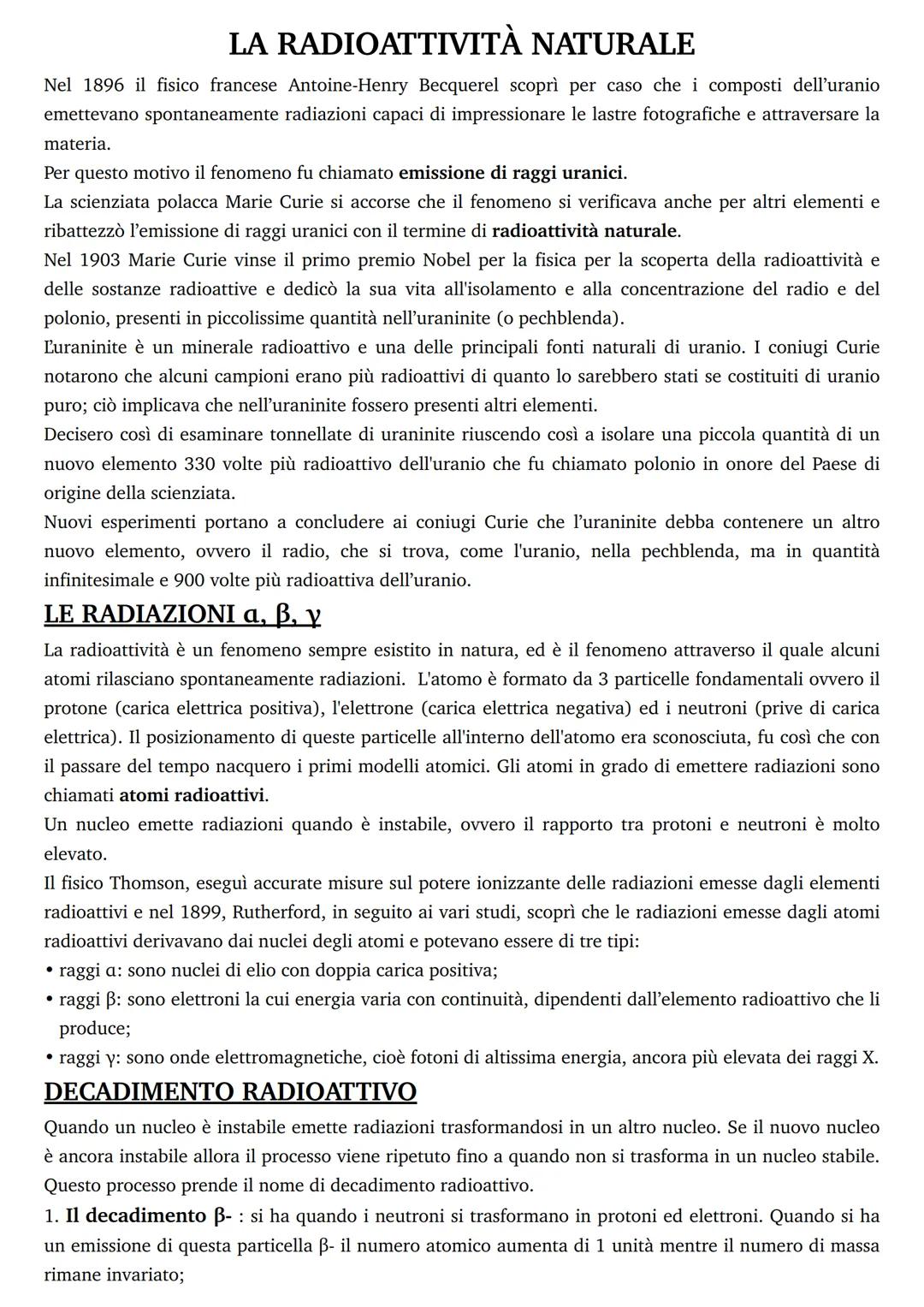 LA RADIOATTIVITÀ NATURALE
Nel 1896 il fisico francese Antoine-Henry Becquerel scoprì per caso che i composti dell'uranio
emettevano spontane