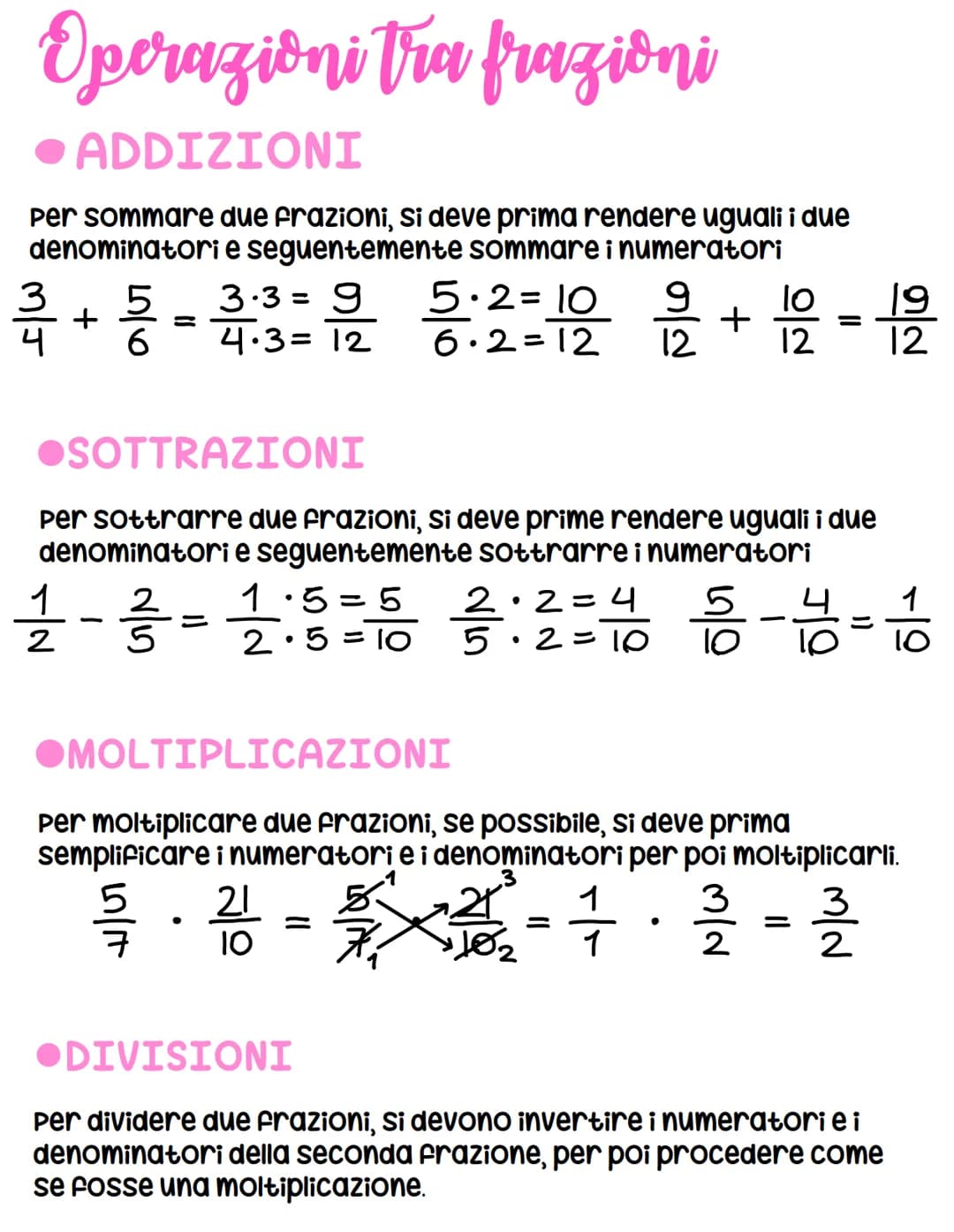 Operazioni tra frazioni
ADDIZIONI
per sommare due frazioni, si deve prima rendere uguali i due
denominatori e seguentemente sommare i numera