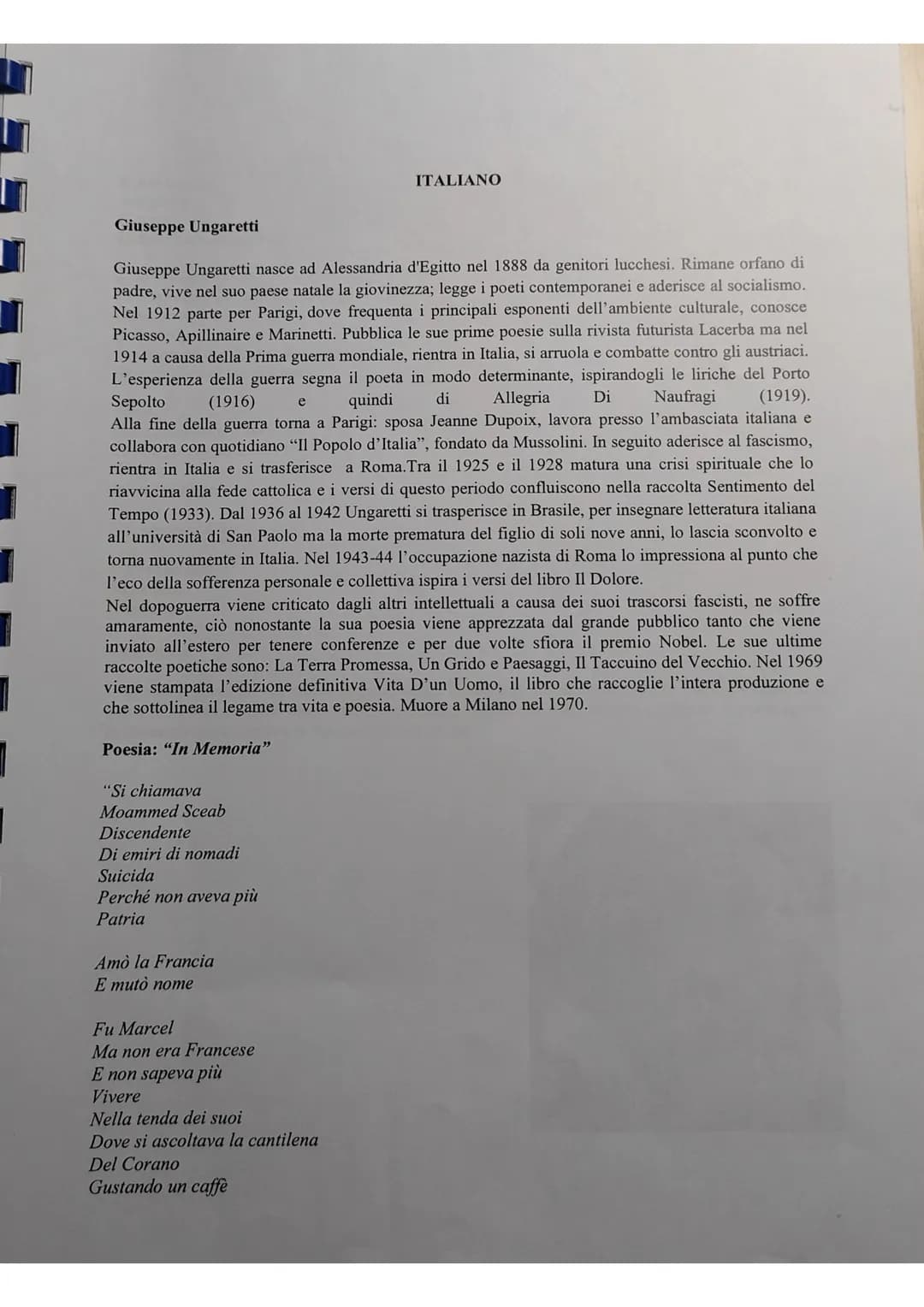 
<p>Giuseppe Ungaretti nasce ad Alessandria d'Egitto nel 1888 da genitori lucchesi. Rimane orfano di padre, vive nel suo paese natale la gio