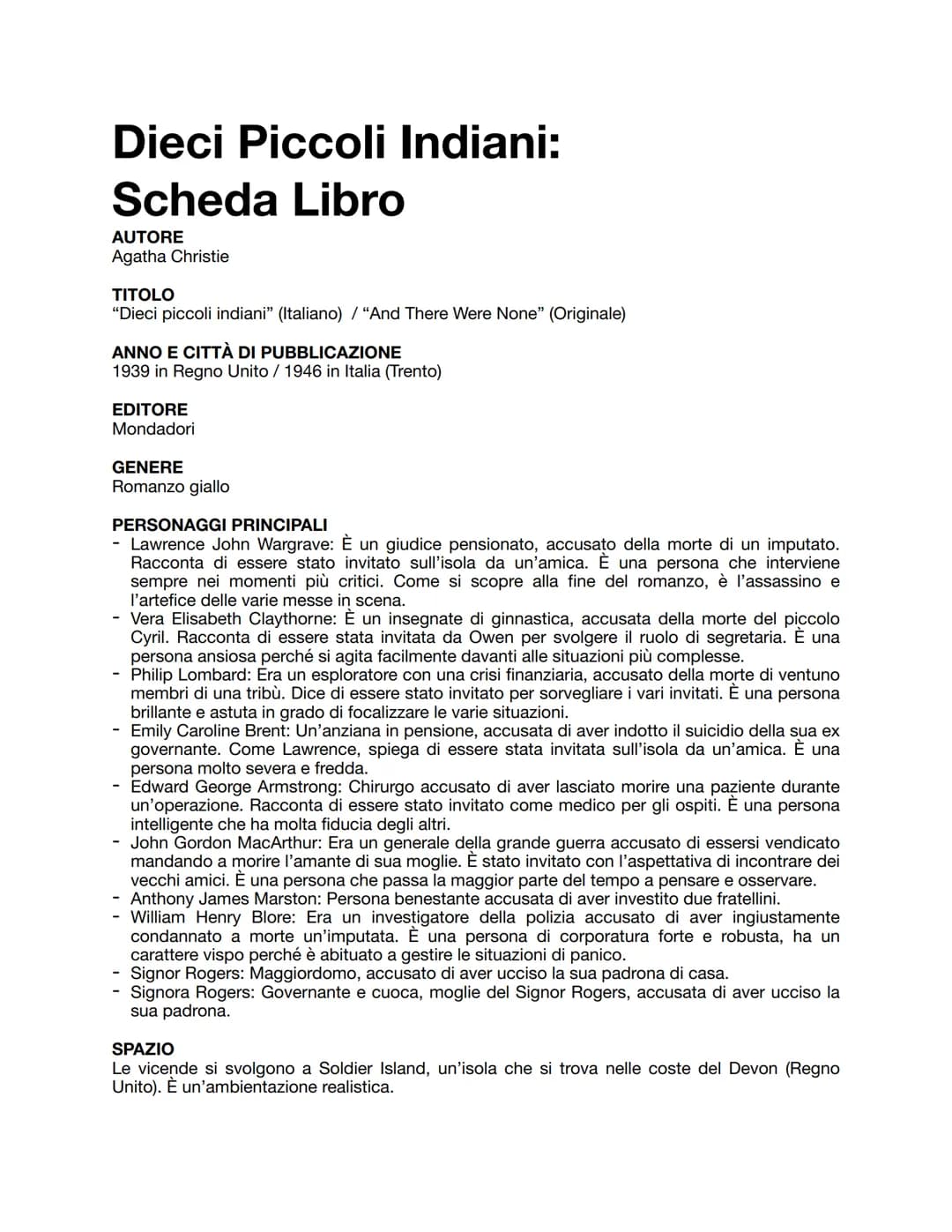 Dieci Piccoli Indiani:
Scheda Libro
AUTORE
Agatha Christie
TITOLO
"Dieci piccoli indiani" (Italiano) / "And There Were None" (Originale)
ANN