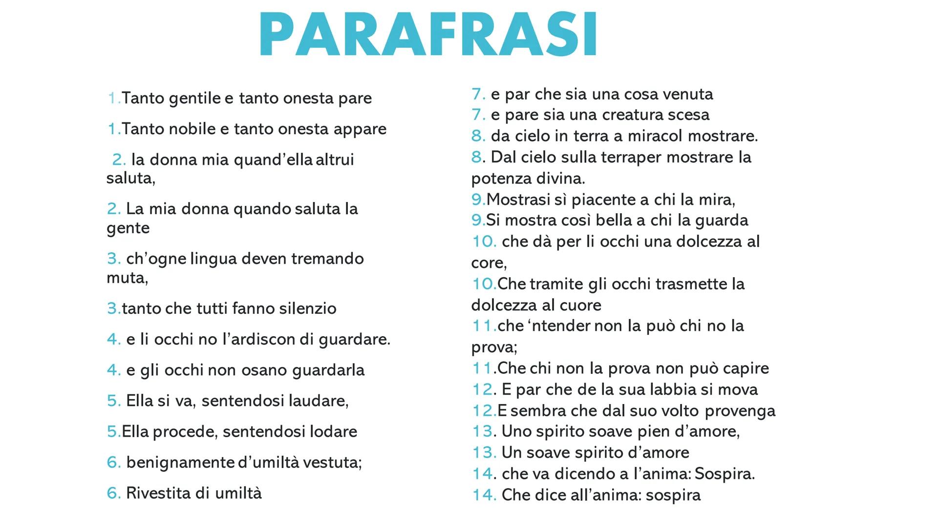 TANTO GENTILE
E TANTO ONESTA
PARE
Dante Alighieri PARAFRASI
1.Tanto gentile e tanto onesta pare
1.Tanto nobile e tanto onesta appare
2. la d