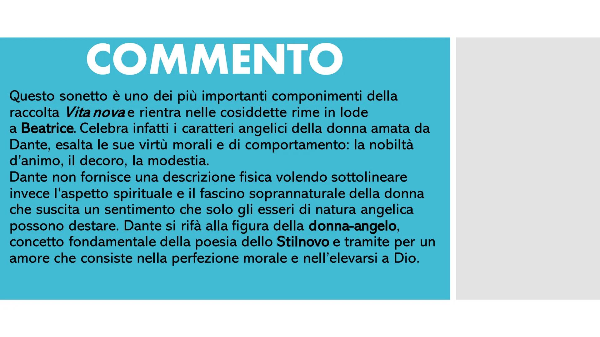 TANTO GENTILE
E TANTO ONESTA
PARE
Dante Alighieri PARAFRASI
1.Tanto gentile e tanto onesta pare
1.Tanto nobile e tanto onesta appare
2. la d