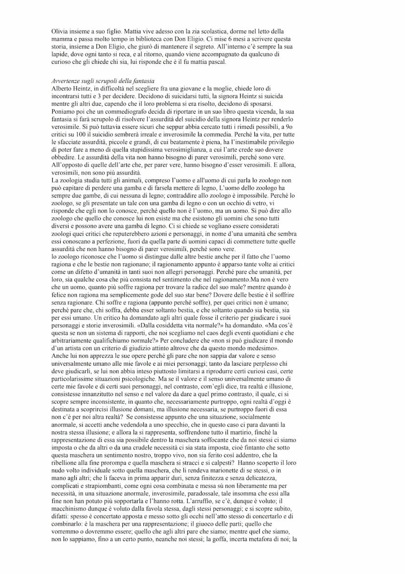 Il fu Mattia Pascal
Premessa
Il racconto si apre con un uomo che dice che l'unica cosa che sa è che si chiama Mattia
Pascal, dice anche che 