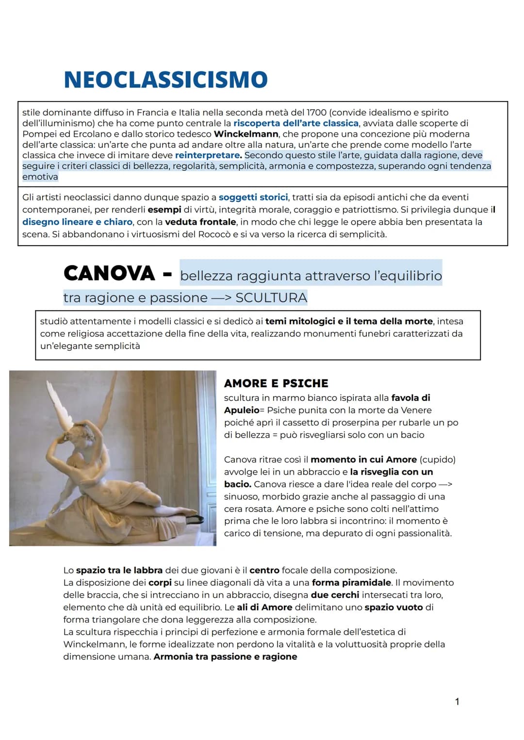 NEOCLASSICISMO
stile dominante diffuso in Francia e Italia nella seconda metà del 1700 (convide idealismo e spirito
dell'illuminismo) che ha